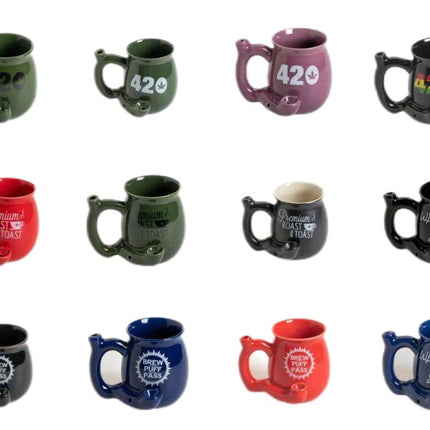 Assorted waterpipe-style ceramic mugs in green, purple, red, and black with sayings