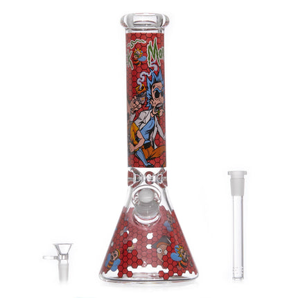 Rick and Morty water beaker bong, clear glass with red character comic print and hex pattern