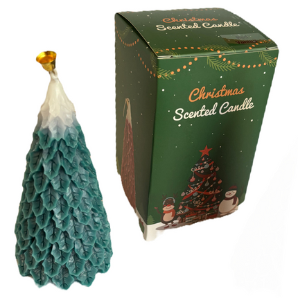 Green gift box with blue-green Christmas tree scented candle