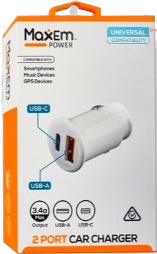 Dual 2-port car charger with USB-C and USB-A ports, 3.4A max output (packaging shown).