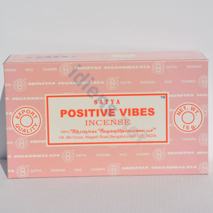 Satya Positive Vibes incense box, pink with red label and net wt 15g badge