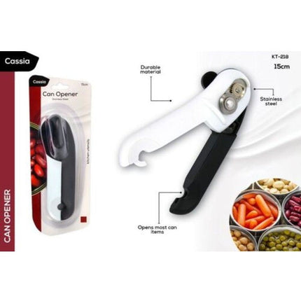 Cassia can opener with white grip and black lever, retail box with feature callouts
