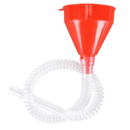 Red funnel with clear ribbed flexible hose, dual-piece drain and transfer tool
