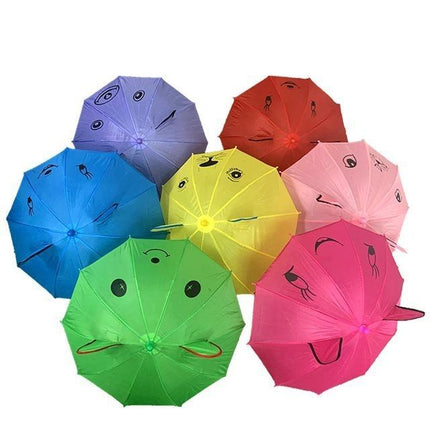Kids character umbrellas, mixed colors, animal face prints with curved handles