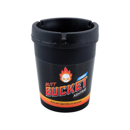 Black jumbo ashtray with removable lid, cylindrical cup with printed flame logo