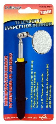 Telescopic inspection mirror with round magnifying head on chrome handle, yellow collar