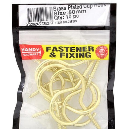 Brass-plated cup hooks, 50mm length, 10-pack in retail bag