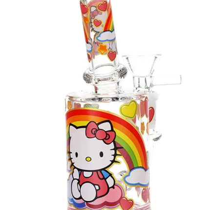 Mini glass water pipe with Hello Kitty-style hearts and rainbow artwork