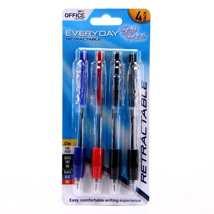 4-pack retractable ball point pen blister pack in blue, with fine tips