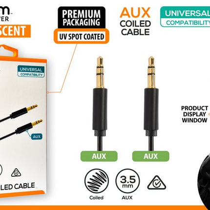 Retail packaging showing universal 3.5mm AUX coiled cable with gold-plated connectors