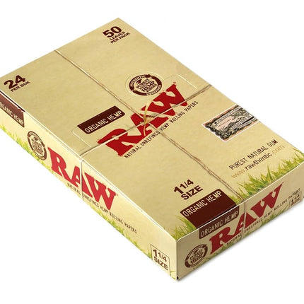 RAW organic hemp rolling papers box, 1 1/4 size, beige packaging