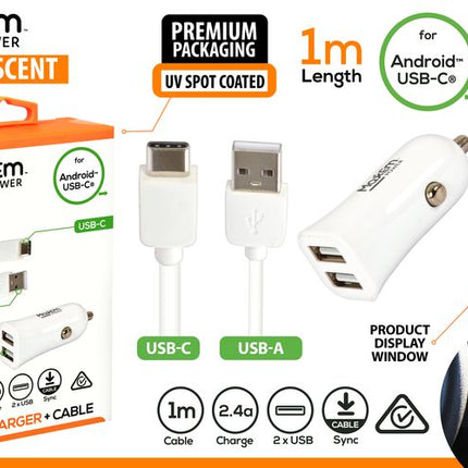 White dual USB car charger with USB-C and USB-A ports plus 1m Type-C cable