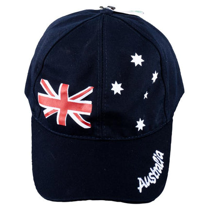 Dark navy baseball cap with Australia flag patch, white stars, and embroidered brim text