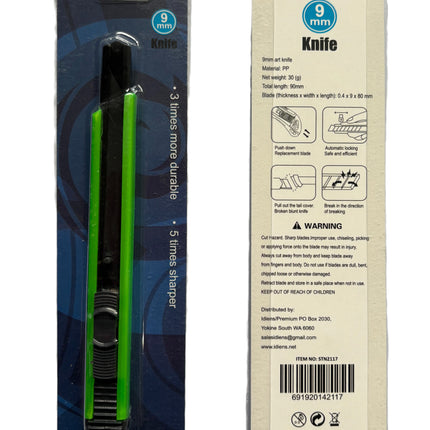 9mm craft knife in packaging, green blade in blister pack and card backing