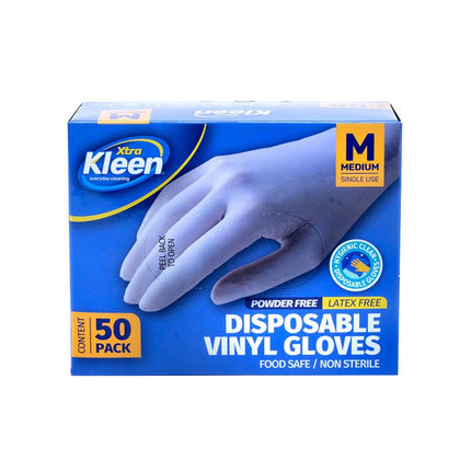 Powder-free disposable vinyl gloves, light blue, medium (M), latex-free, 50-pack