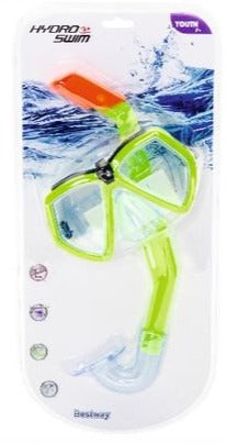 Kids snorkel and swim goggle set with lime green frame and clear lens