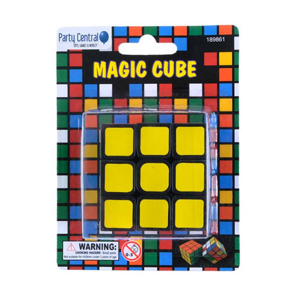 Colorful cube puzzle in retail packaging with yellow square grid