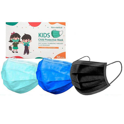 Kids disposable protective face masks in blue and black, 50-pack