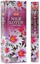 Nile Lotus incense sticks box with purple floral art and HEM logo