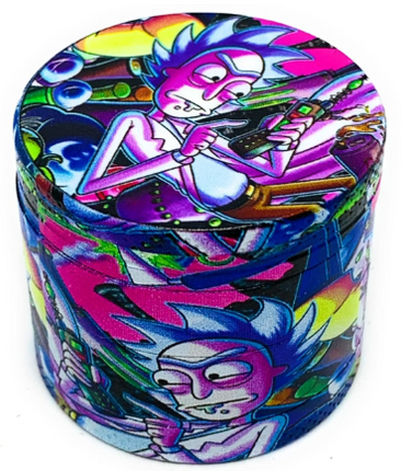 Round alloy herb grinder with colorful Rick and Morty artwork, bright multi-color body