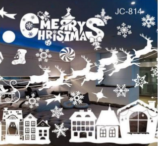 Christmas PVC window cling with white reindeer, snowflakes, and town silhouettes