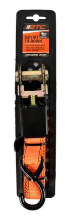 Orange ratchet tie-down strap with black webbing and metal ratchet hook