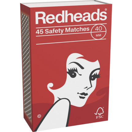 Redheads 45 safety matches red box with woman face artwork and 40 mm mark