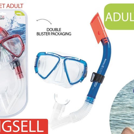 Adult snorkel and goggle set with blue snorkel and clear blue-framed goggles