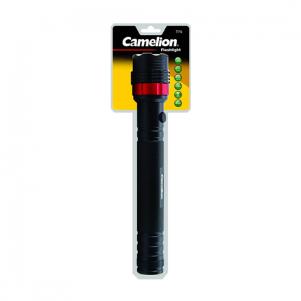 Camelion P8 LED COB flashlight, black handheld with textured grip and red accent ring