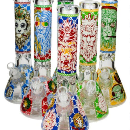 Assorted animal-print water beaker bongs, clear glass with colorful wrap design