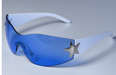 Women’s blue star sunglasses with white frames and large star charm at temple