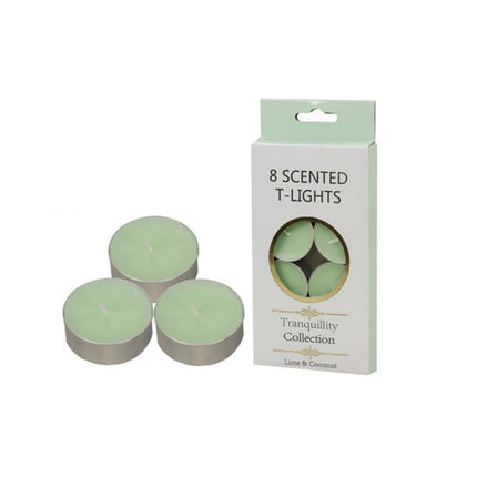 Lime & coconut scented tealight candles, 8-pack: green tealights in metal cups