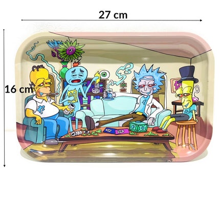Large metal rolling tray, 27 cm by 16 cm, cartoon scene with colorful characters