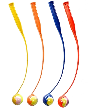 Dog ball launcher set of 4 colors: yellow, orange, blue, red arms with tennis balls