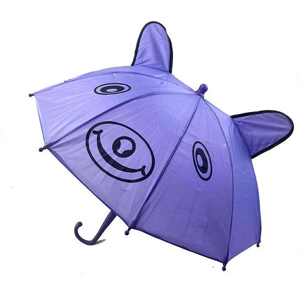 Kids character umbrella in light purple with spiral eye face print and curved handle