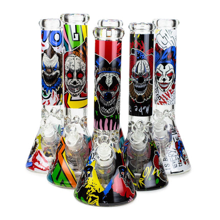 Clear glass water beaker with colorful zombie creature graphic and bubble percolator base