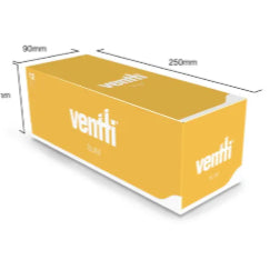 Ventti slim 140s filter box, yellow with dimension labels and Ventti branding