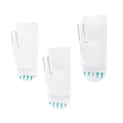 Removable clear plastic hooks, 3-pack, side view with teal grips