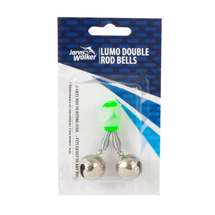 Luminous double rod bells: two silver chrome bells with green glow caps