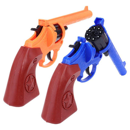 Two cowboy cap gun toy revolvers, orange and blue plastic with black cap chambers
