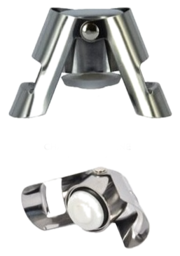 Stainless steel bottle stopper with hinged clamp and rubber seal for champagne