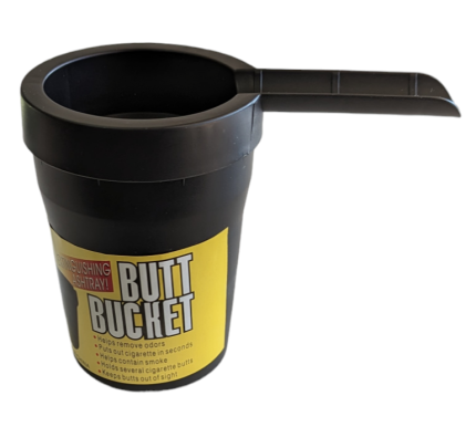Black ash butt bucket with extended spout and yellow warning label