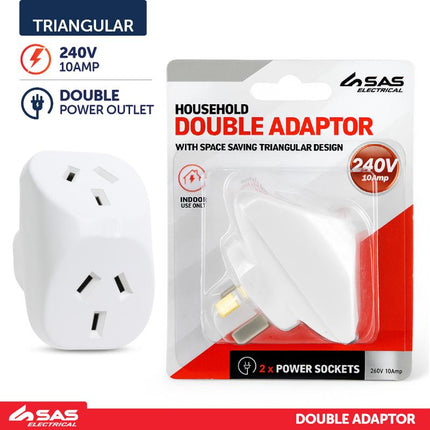 White double triangular power adaptor, 240V 10A, two power outlets
