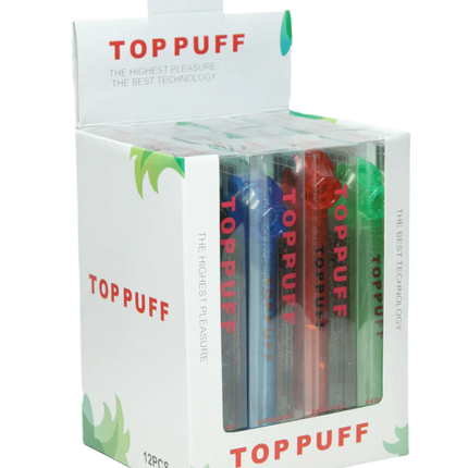 Top Puff 12-pack display box showing clear tubes with red, blue, green variants