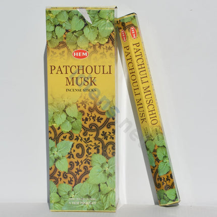 HEM Patchouli Musk incense sticks box with side pack showing stick bundle