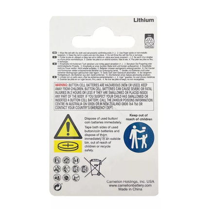 Camellion AG8 1.5V alkaline button cell battery pack back label with safety icons