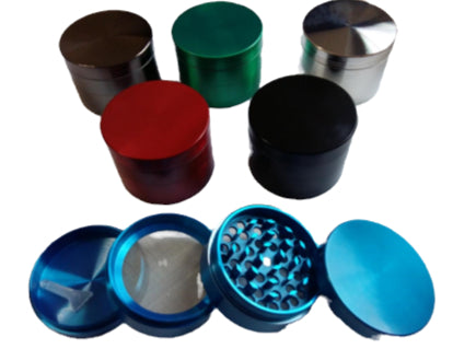 6-piece herb grinder set with colored grinder lids and blue display trays