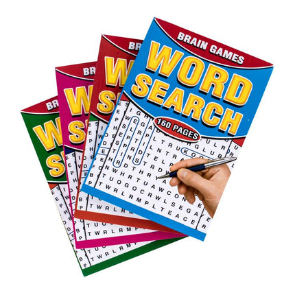 Set of word search puzzle books with “Brain Games” covers and word grids