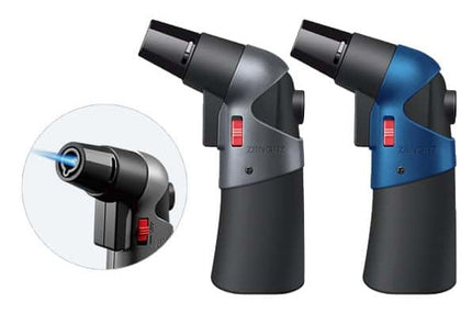 Jet lighter, black/gray and blue versions, red ignition window