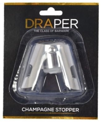 Draper champagne bottle stopper, stainless steel cone design in clear blister pack